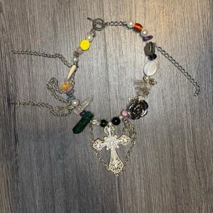 Silver and Multicolor Beaded Cross Necklace